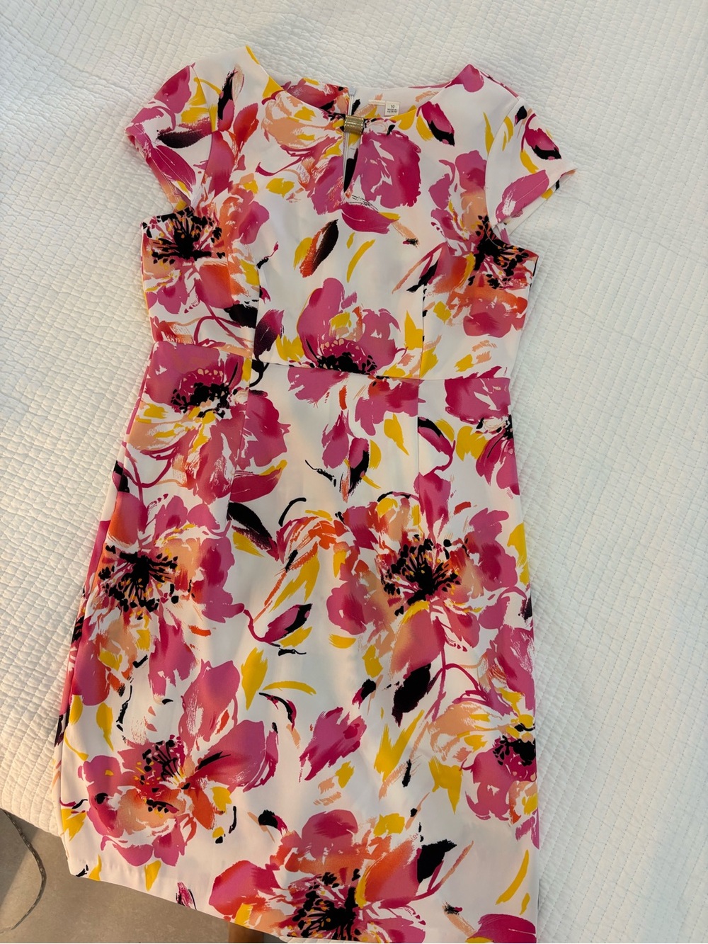 Floral Cap-Sleeve Sheath Dress in Pink & Yellow